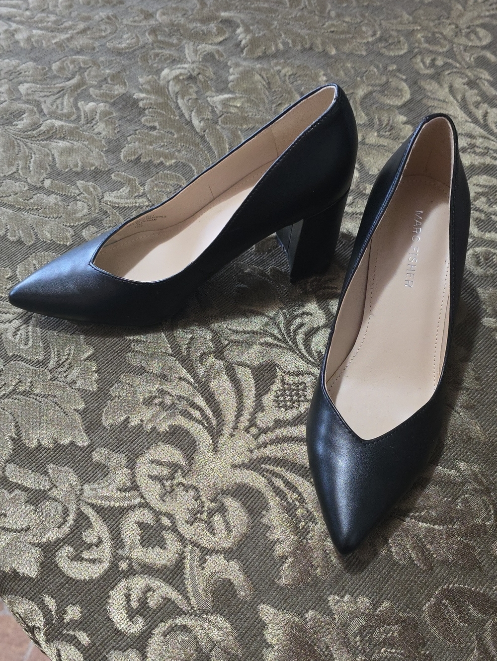 Marc Fisher Black Leather Pointed Block Heel Pumps